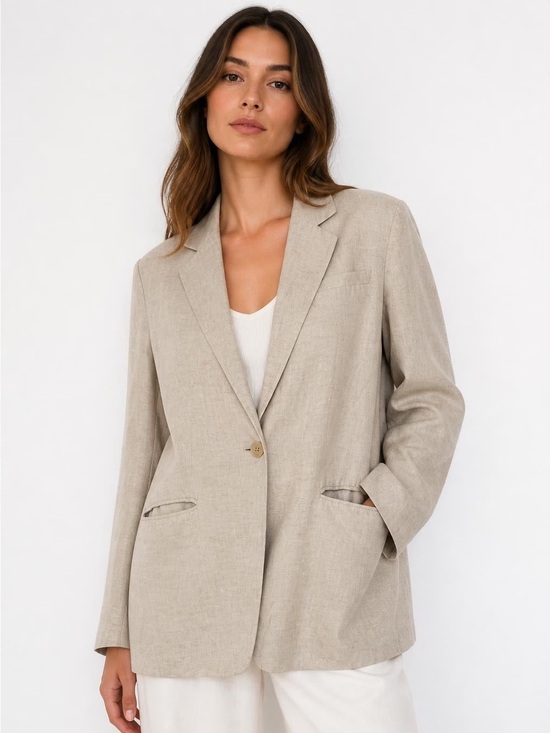 H&M Jackets & Blazers - H&M Light Beige Oversized Linen-Blend Blazer